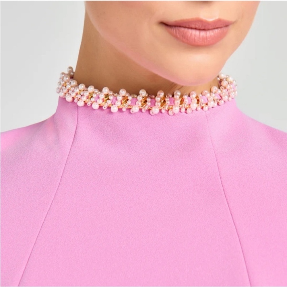 Nadine Merabi Simone Mini Dress with Embellished Trim Funnel Neck Pink Size 6 - Picture 4 of 13